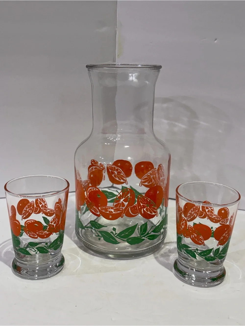 Vintage Libbey Glass Carafe and Tumbler Set Orange and Green Leaf Motif